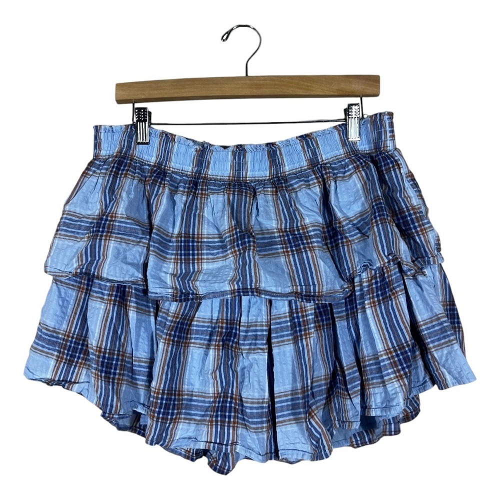 Aerie Tiered Ruffle Plaid Mini Skirt Blue Cottagecore Smocked Waist Size XL